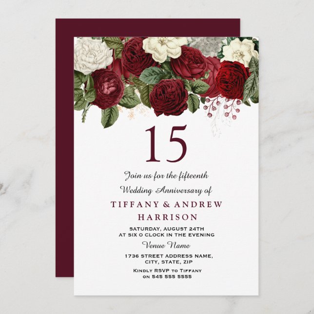Invitación Aniversario de bodas de 15 años con rosas blancas  (Anverso / Reverso)