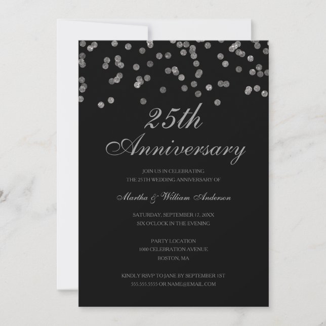 Invitación Aniversario de bodas de 25 años con confeti negro  (Anverso)