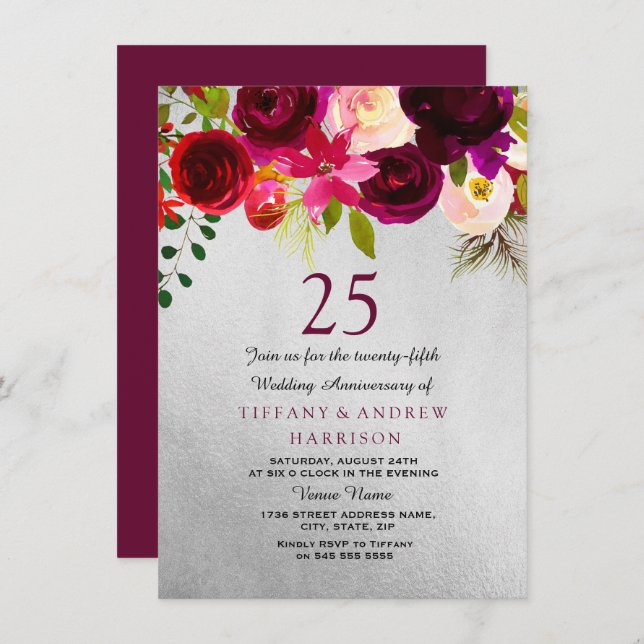 Invitación Aniversario de bodas de 25 años con flores de plat (Anverso / Reverso)