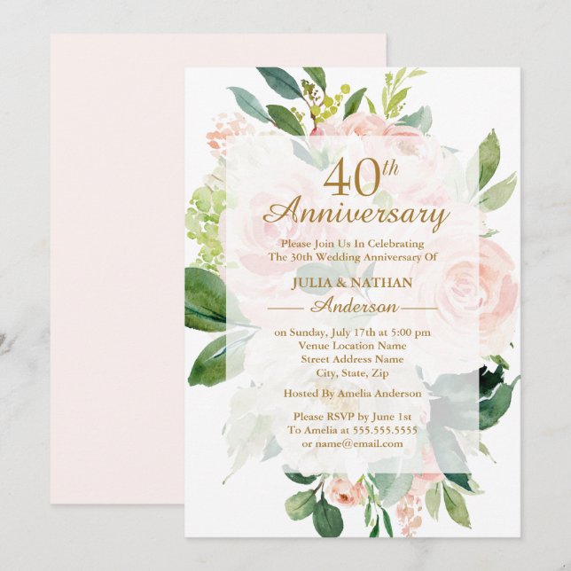 Invitación Aniversario de Bodas de 40 años Elegante Flor de M (Anverso / Reverso)