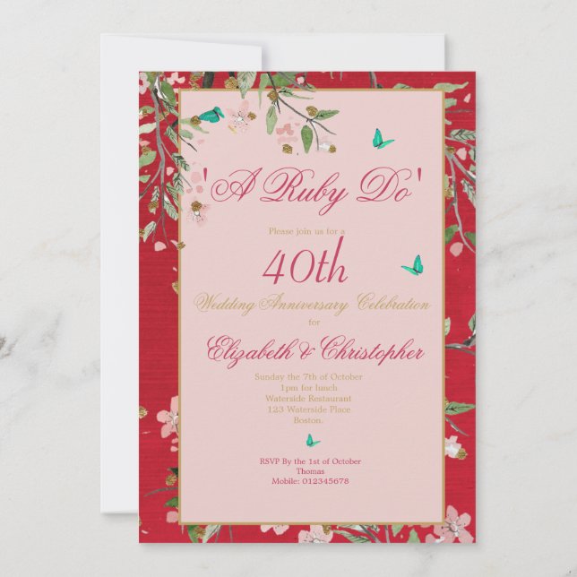 Invitación Aniversario de Bodas de 40 años Floral Rojo A Ruby (Reverso)