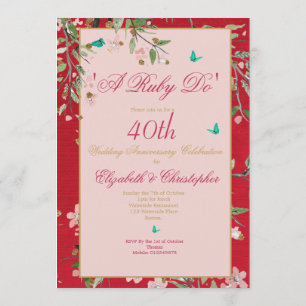 Invitación Aniversario de Bodas de 40 años Floral Rojo A Ruby