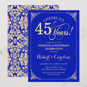 Invitación Aniversario de Bodas de 45 Años Azul Zafiro Damask