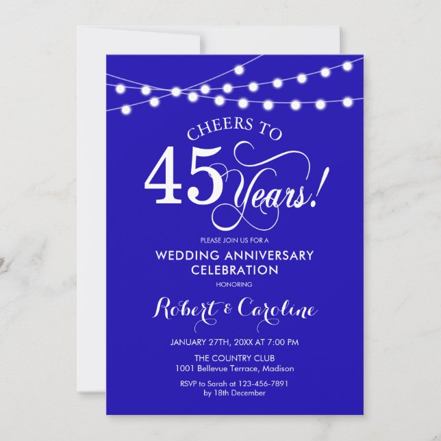 Invitación Aniversario de Bodas de 45 años Royal Blue (Anverso)