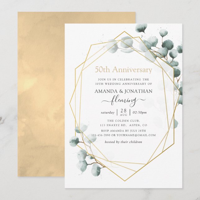 Invitación Aniversario de bodas de 50 años con eucalipto geom (Anverso / Reverso)