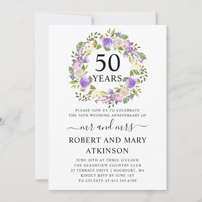 Invitación Aniversario de bodas de 50 años con flores púrpura (Anverso)