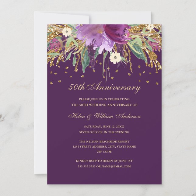 Invitación Aniversario de bodas de 50 años Floral de Ametista (Anverso)