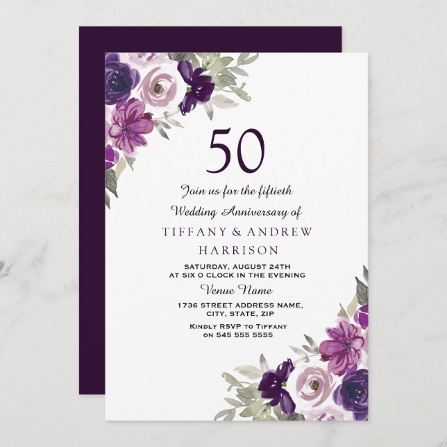 Invitación Aniversario de bodas de 50 años Floral Violeta Púr (Anverso / Reverso)