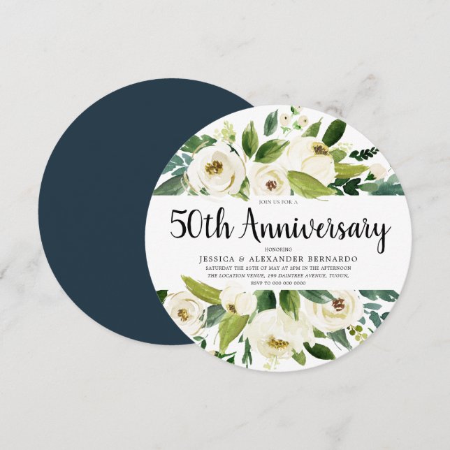 Invitación Aniversario de Bodas de 50 años Flores Blancas Dor (Anverso / Reverso)