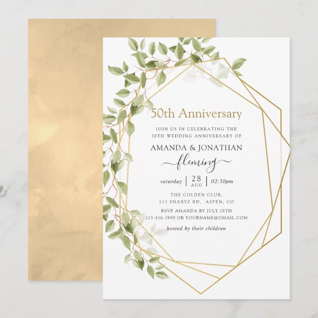Invitación Aniversario de bodas de 50 años Greenery Geometric (Anverso / Reverso)