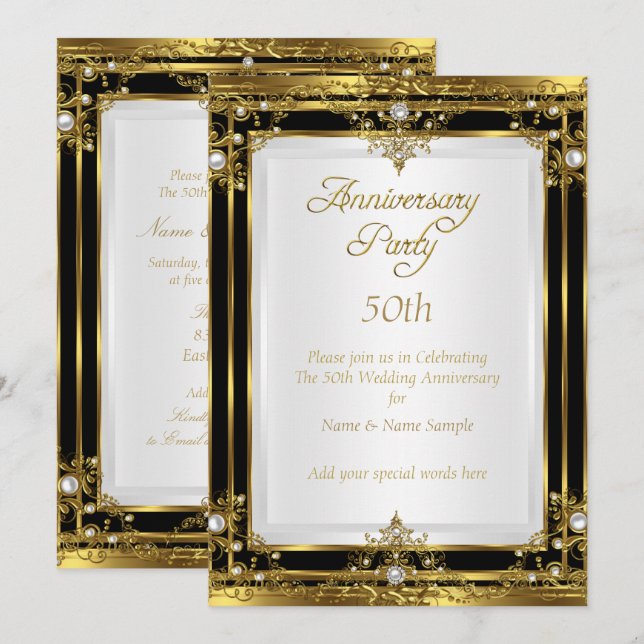 Invitación Aniversario de Bodas de 50 años Oro Negro Perla Bl (Anverso / Reverso)