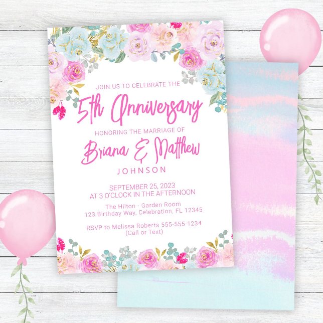 Invitación Aniversario de bodas de 5 años con flores rosadas  (Subido por el creador)