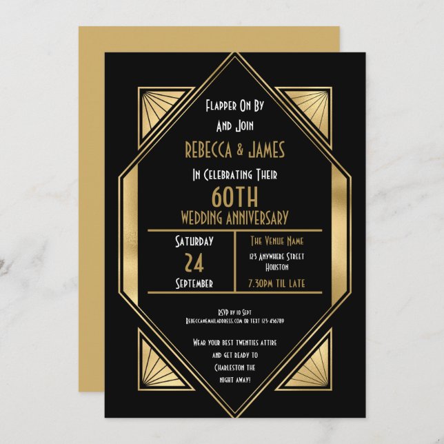Invitación Aniversario de bodas de 60 años al estilo Art Deco (Anverso / Reverso)