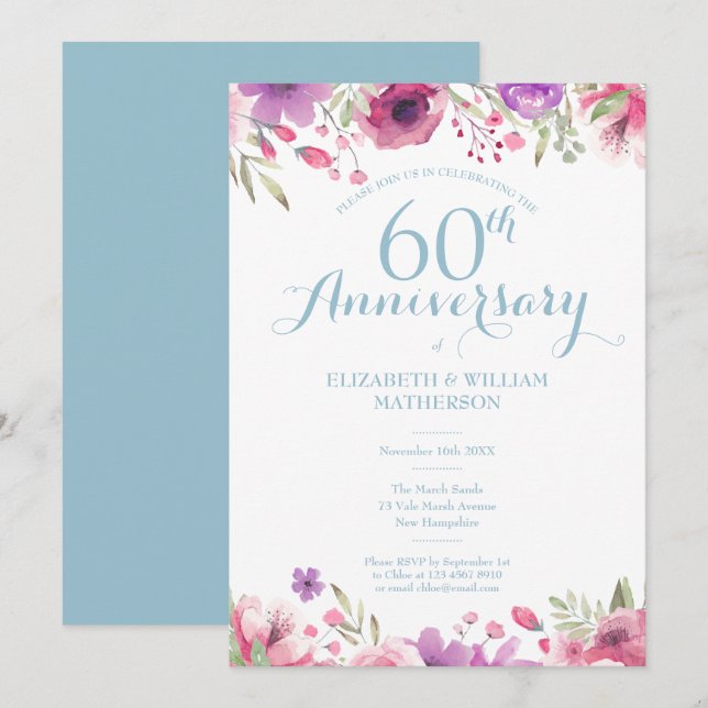 Invitación Aniversario de Bodas de 60 años con Acuarela Flora (Anverso / Reverso)