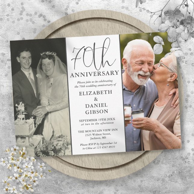 Invitación Aniversario de bodas de 70 años con 2 fotos Then A (Then And Now 2 Photo 70th Wedding Anniversary Invitation)