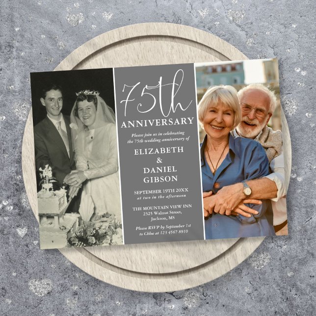 Invitación Aniversario de Bodas de 75 años Ahora y Entonces 2 (Then And Now 2 Photo 75th Wedding Anniversary Invitation)