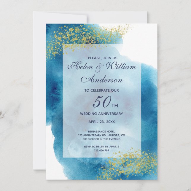 Invitación Aniversario de bodas de acuarela azul y oro 50 (Anverso)