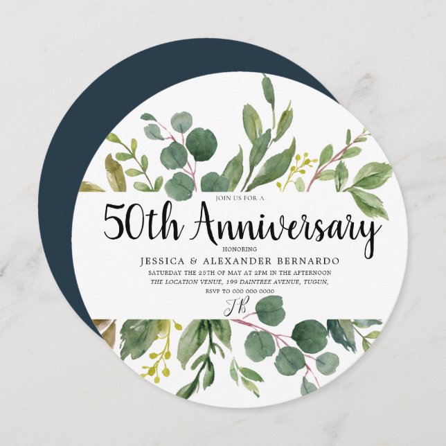 Invitación Aniversario de Bodas de Acuarela de Hoja Verde 50 (Anverso / Reverso)