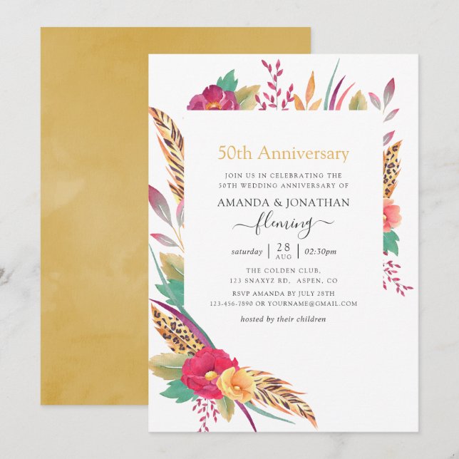 Invitación Aniversario de Bodas de Acuarela Floral Safari 50  (Anverso / Reverso)