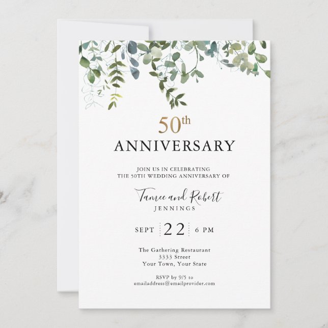 Invitación Aniversario de Bodas de Acuarela Verde 50 (Anverso)