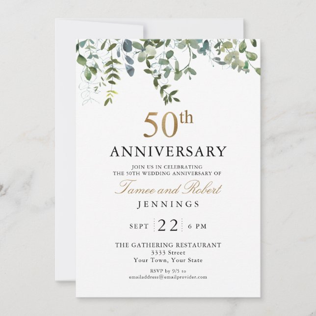Invitación Aniversario de Bodas de Acuarela Verde 50 (Anverso)