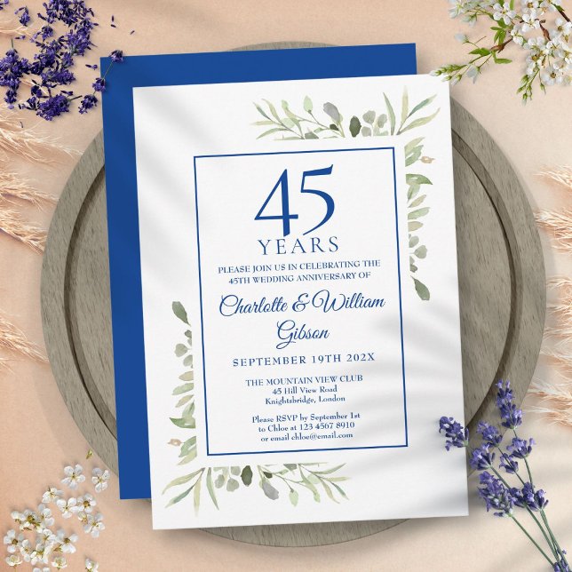 Invitación Aniversario de bodas de agua 45º 65º Acuarela Verd (45th 65th Wedding Anniversary Watercolor Greenery Invitation)