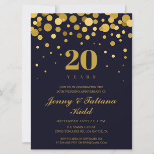 Invitación Aniversario de Bodas de Azul Marino y Oro 20 años