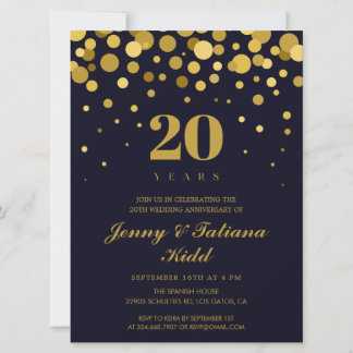 Invitación Aniversario de Bodas de Azul Marino y Oro 20 años