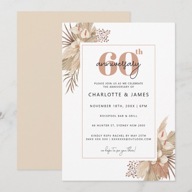 Invitación Aniversario de bodas de Boho Pampass Grass 60 años (Anverso / Reverso)