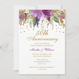 Invitación Aniversario de Bodas de Brillo Floral Amatista 50