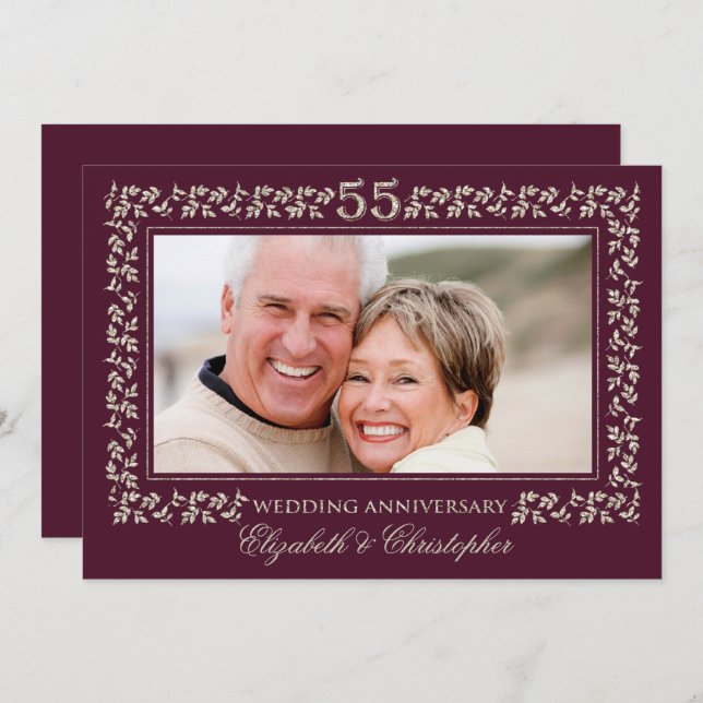 Invitación Aniversario de Bodas de Bronce de Ciruela 55 Foto (Anverso / Reverso)
