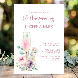 Invitación Aniversario de bodas de Champagne Floral Rosa 5to