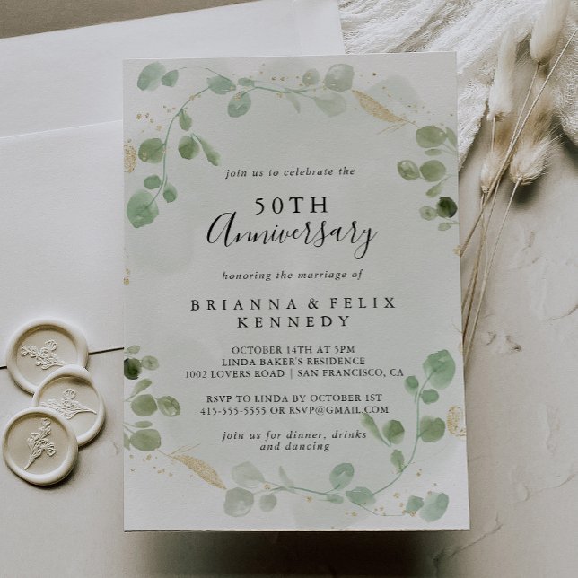 Invitación Aniversario de Bodas de Confeti Dorado Eucalipto 5 (Subido por el creador)