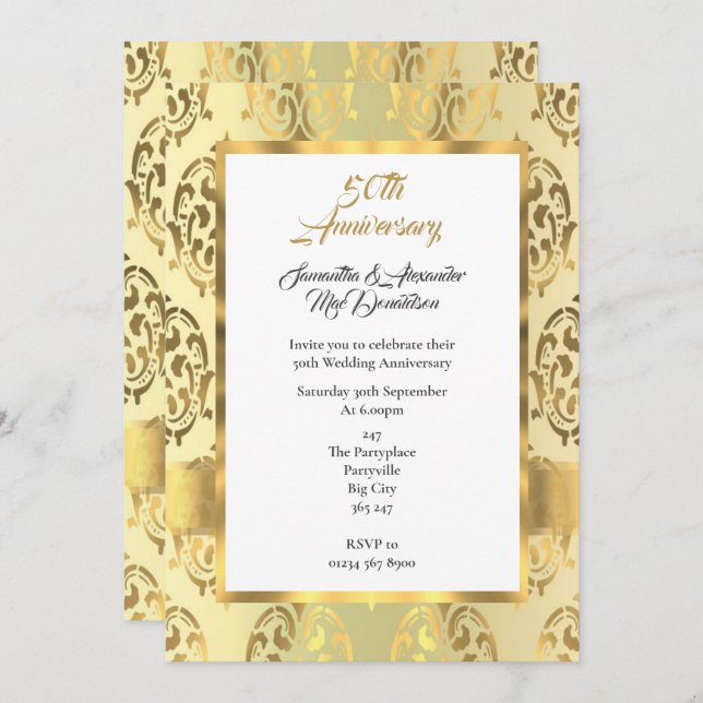 Invitación Aniversario de bodas de damasco dorado 50 (Anverso / Reverso)
