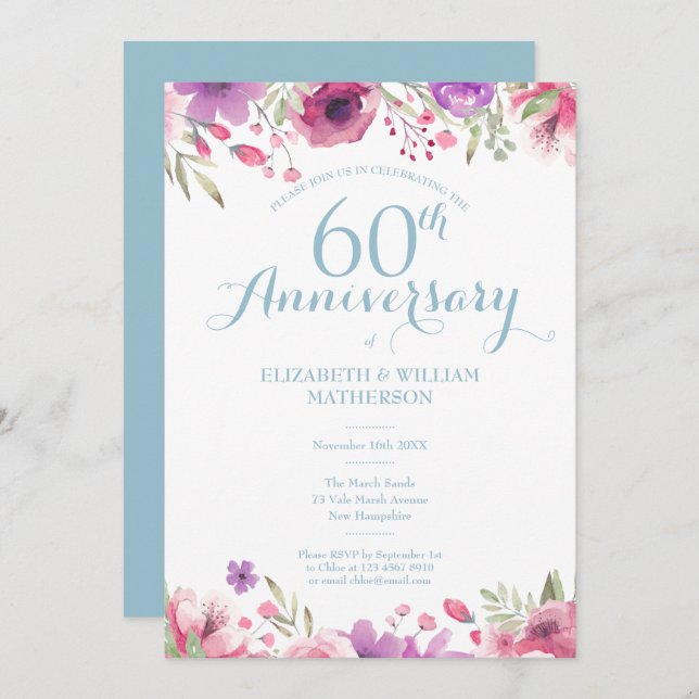 Invitación Aniversario de Bodas de Diamante Acuarela Floral (Anverso / Reverso)