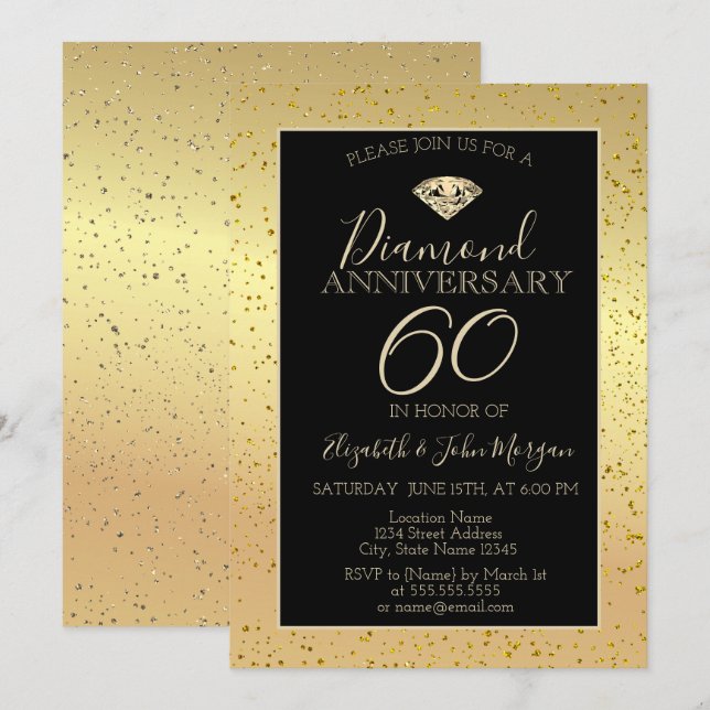 Invitación Aniversario de bodas de diamante con confeti dorad (Anverso / Reverso)