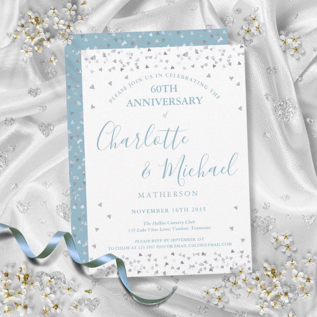 Invitación Aniversario de Bodas de Diamante Corazones Confeti (60th Wedding Anniversary Hearts Confetti Signature Invitation)