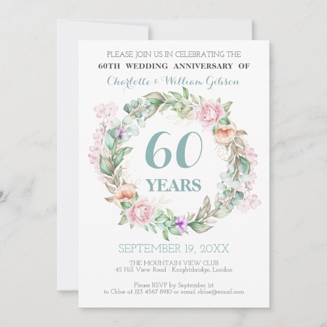 Invitación Aniversario de bodas de diamante de 60 años con ro (Anverso)