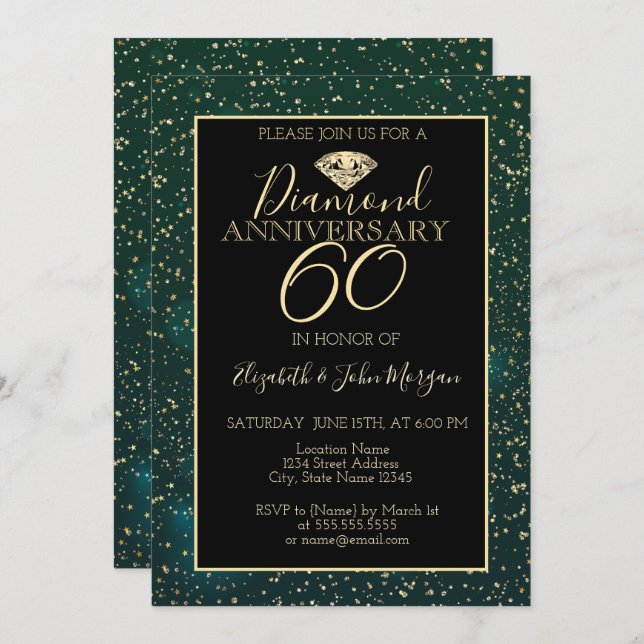 Invitación Aniversario de bodas de diamante de confeti dorado (Anverso / Reverso)