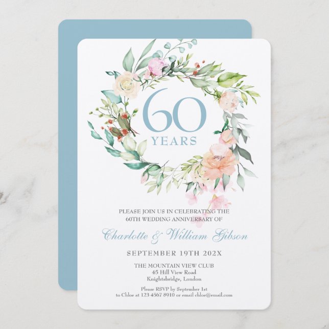 Invitación Aniversario de bodas de diamante de lujo 60º flora (Anverso / Reverso)