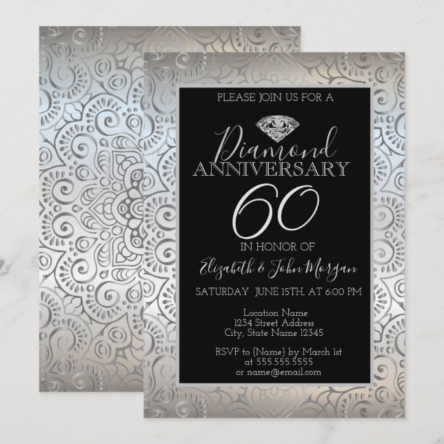 Invitación Aniversario de Bodas de Diamante Mandala de Plata (Anverso / Reverso)