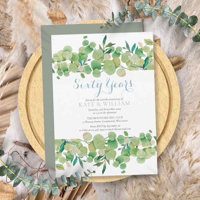 Invitación Aniversario de bodas de diamante número 60 con veg (60th Diamond Wedding Anniversary Greenery Invitation)