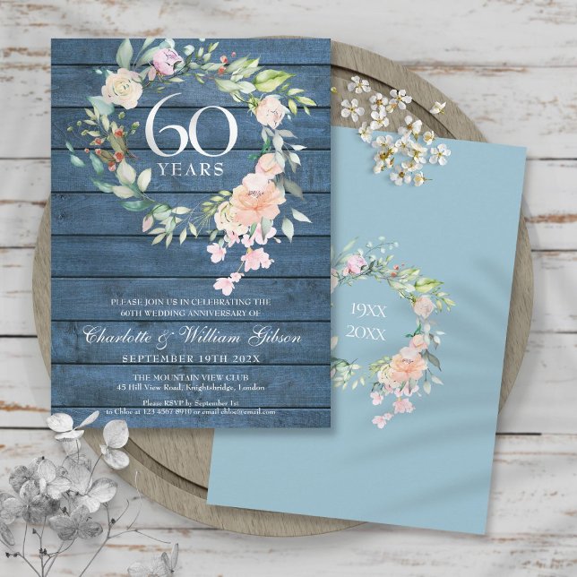 Invitación Aniversario de bodas de diamante rústico 60º Flora (Subido por el creador)