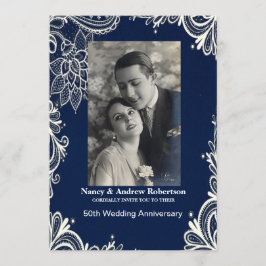 Invitación aniversario de bodas de encaje blanco azul marino 