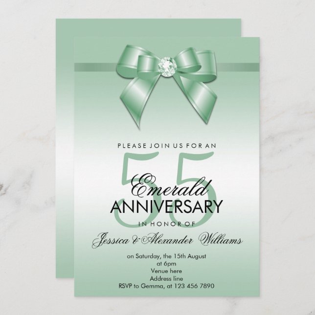 Invitación Aniversario de bodas de esmeralda y cinta de 55 añ (Anverso / Reverso)