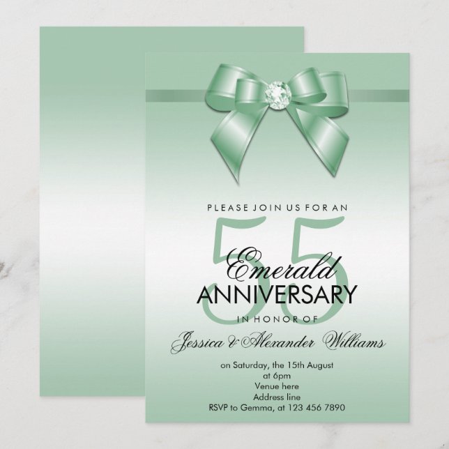Invitación Aniversario de bodas de esmeralda y lazo 55 (Anverso / Reverso)
