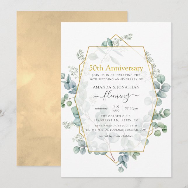 Invitación Aniversario de bodas de Eucalipto Geométrico 50 (Anverso / Reverso)