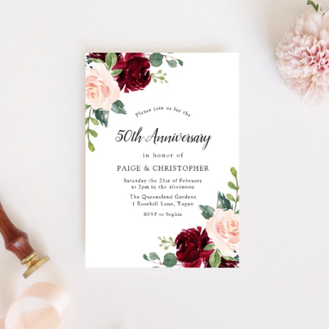 Invitación Aniversario de Bodas de Floral Acuarela Rosado 50 (Subido por el creador)
