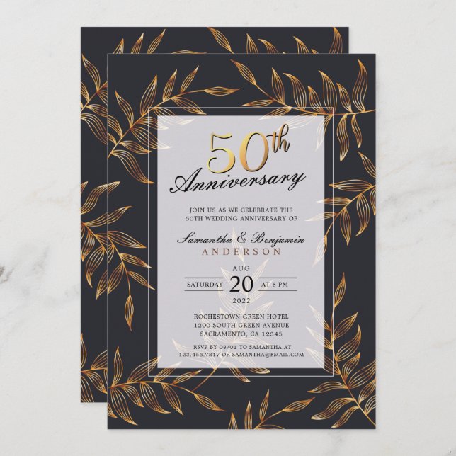 Invitación Aniversario de Bodas de Floral Dorado 50 (Anverso / Reverso)