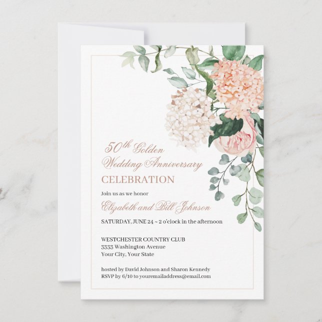 Invitación Aniversario de Bodas de Floral Rosa Acuarela 50 (Anverso)